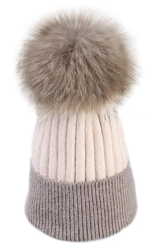 MHD3 Two Tone Wool Real Fur Detachable Pom Pom Hat