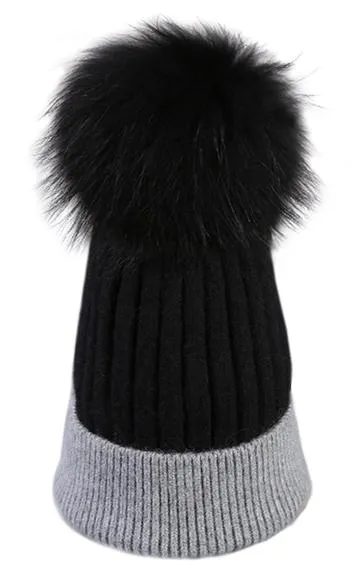 MHD3 Two Tone Wool Real Fur Detachable Pom Pom Hat