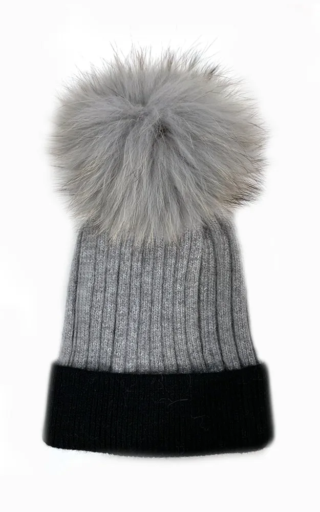 MHD3 Two Tone Wool Real Fur Detachable Pom Pom Hat