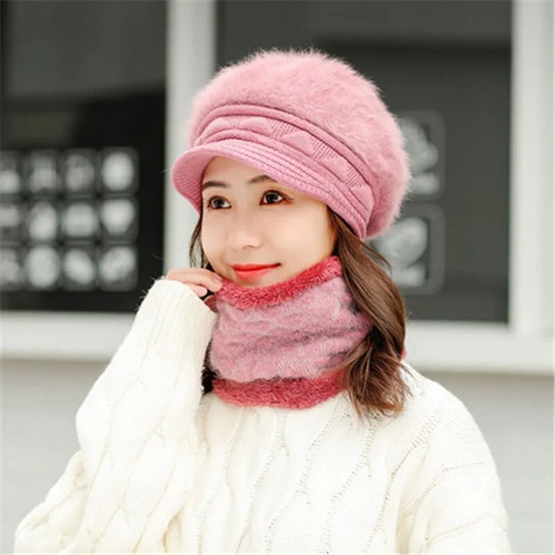 Rabbit Fur Thick Triangle Design Outdoor Knitted Woolen Warm Winter Cap