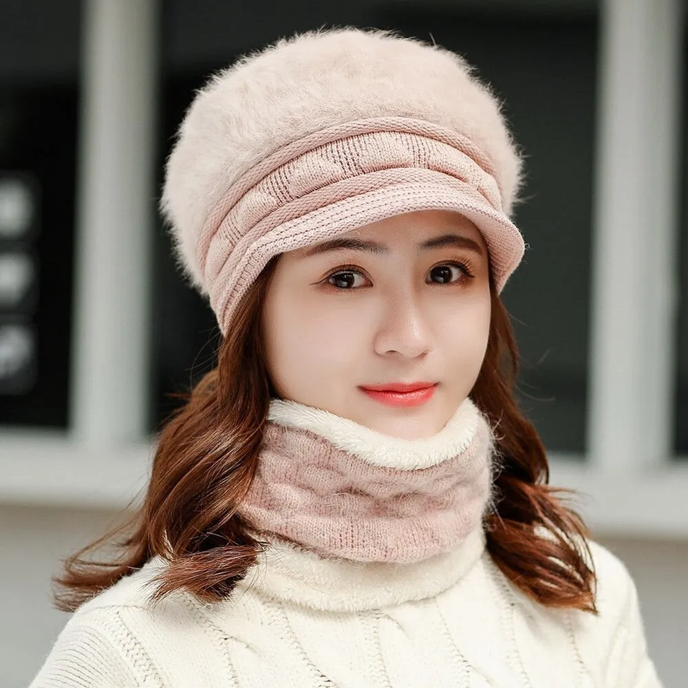 Rabbit Fur Thick Triangle Design Outdoor Knitted Woolen Warm Winter Cap