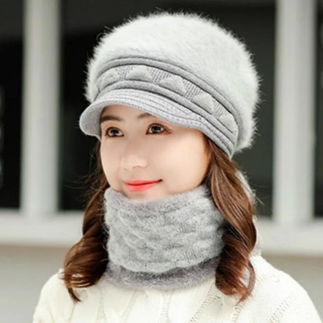 Rabbit Fur Thick Triangle Design Outdoor Knitted Woolen Warm Winter Cap