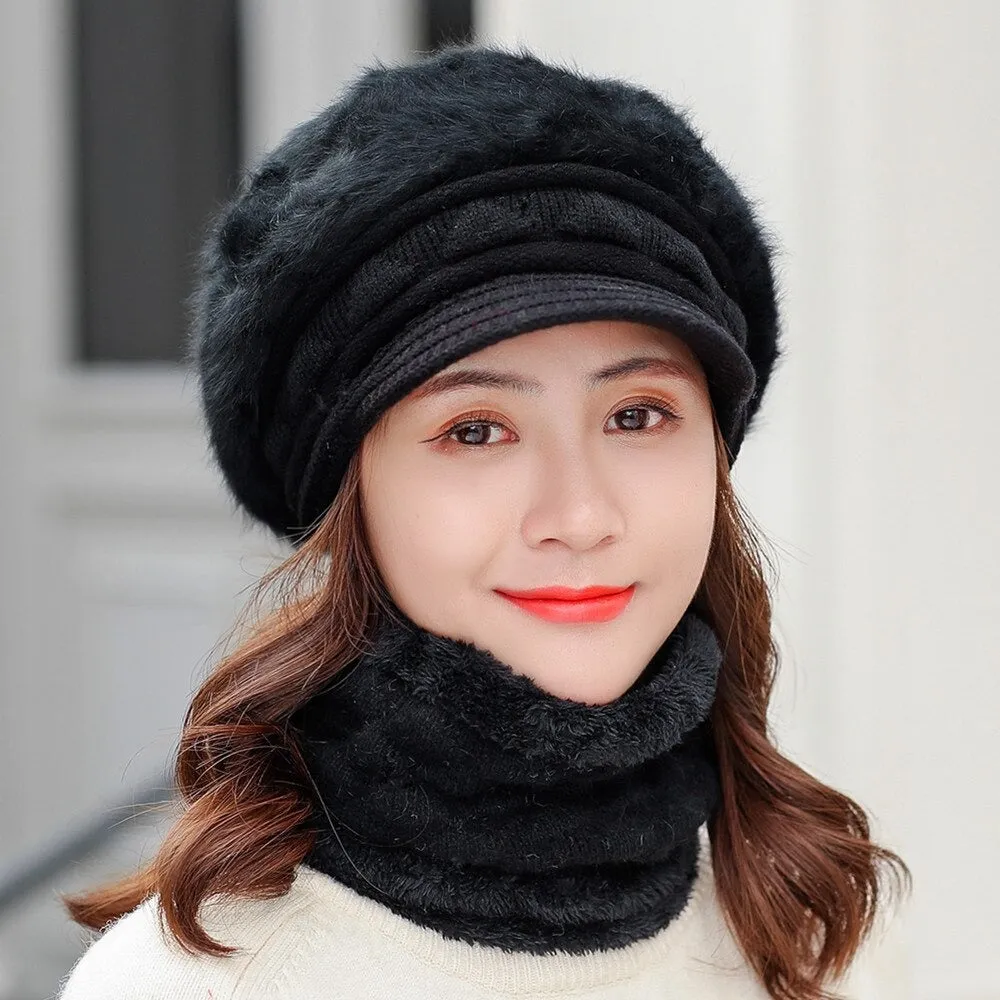 Rabbit Fur Thick Triangle Design Outdoor Knitted Woolen Warm Winter Cap