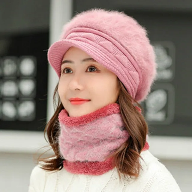 Rabbit Fur Thick Triangle Design Outdoor Knitted Woolen Warm Winter Cap