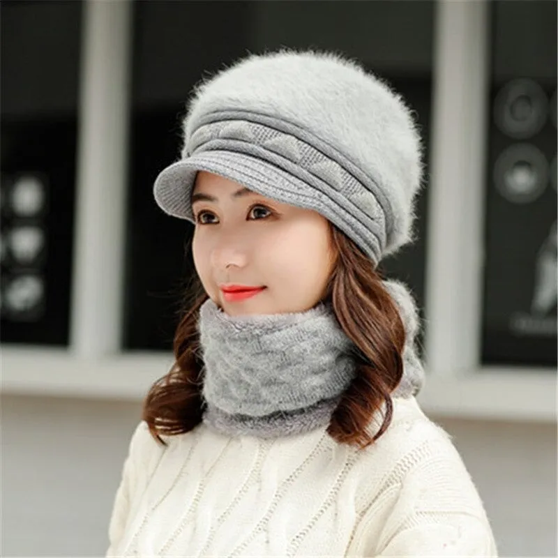 Rabbit Fur Thick Triangle Design Outdoor Knitted Woolen Warm Winter Cap