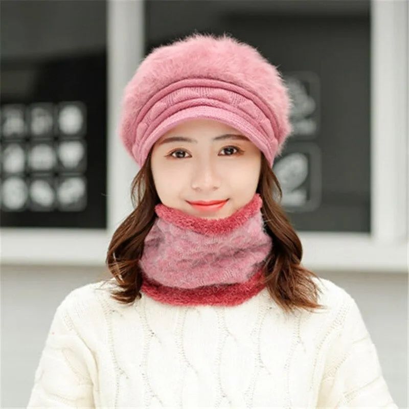 Rabbit Fur Thick Triangle Design Outdoor Knitted Woolen Warm Winter Cap