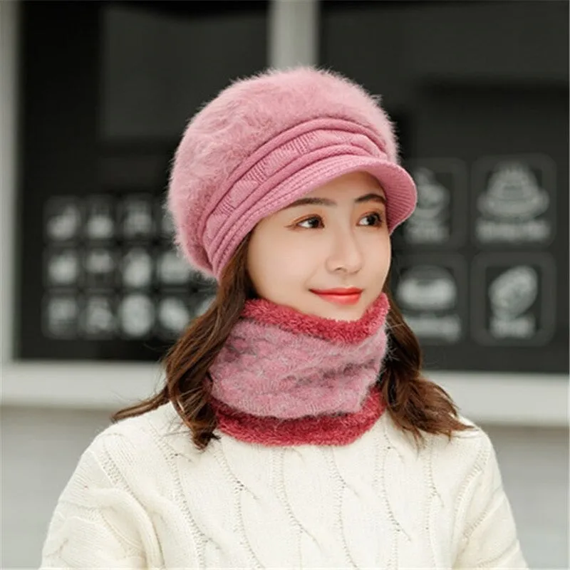 Rabbit Fur Thick Triangle Design Outdoor Knitted Woolen Warm Winter Cap