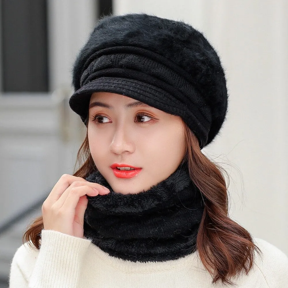 Rabbit Fur Thick Triangle Design Outdoor Knitted Woolen Warm Winter Cap