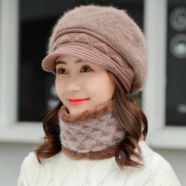 Rabbit Fur Thick Triangle Design Outdoor Knitted Woolen Warm Winter Cap