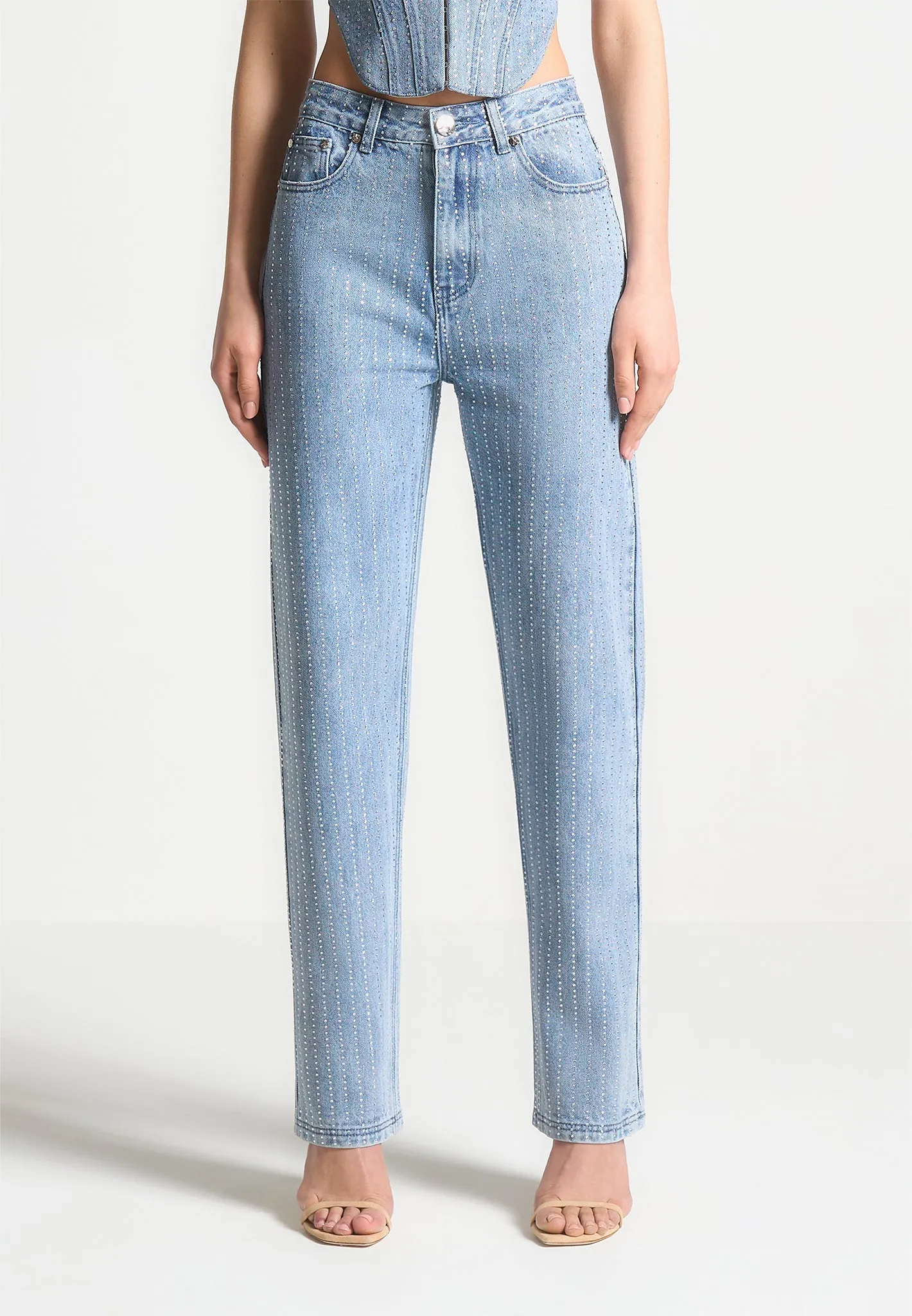 Rhinestone Mom Jeans - Mid Blue