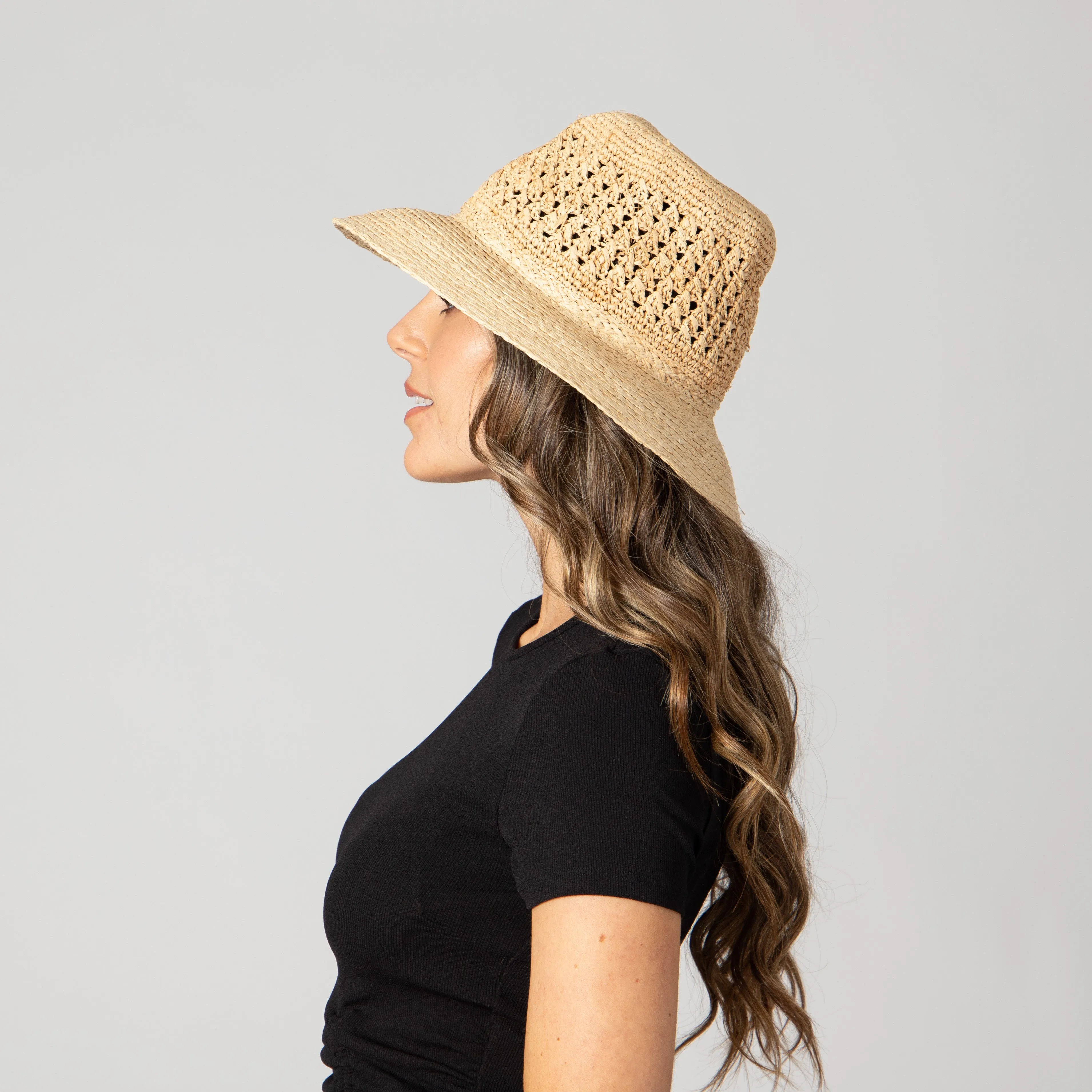 Women's Raffia Sun Hat with Hand Crochet Ventilated Crown