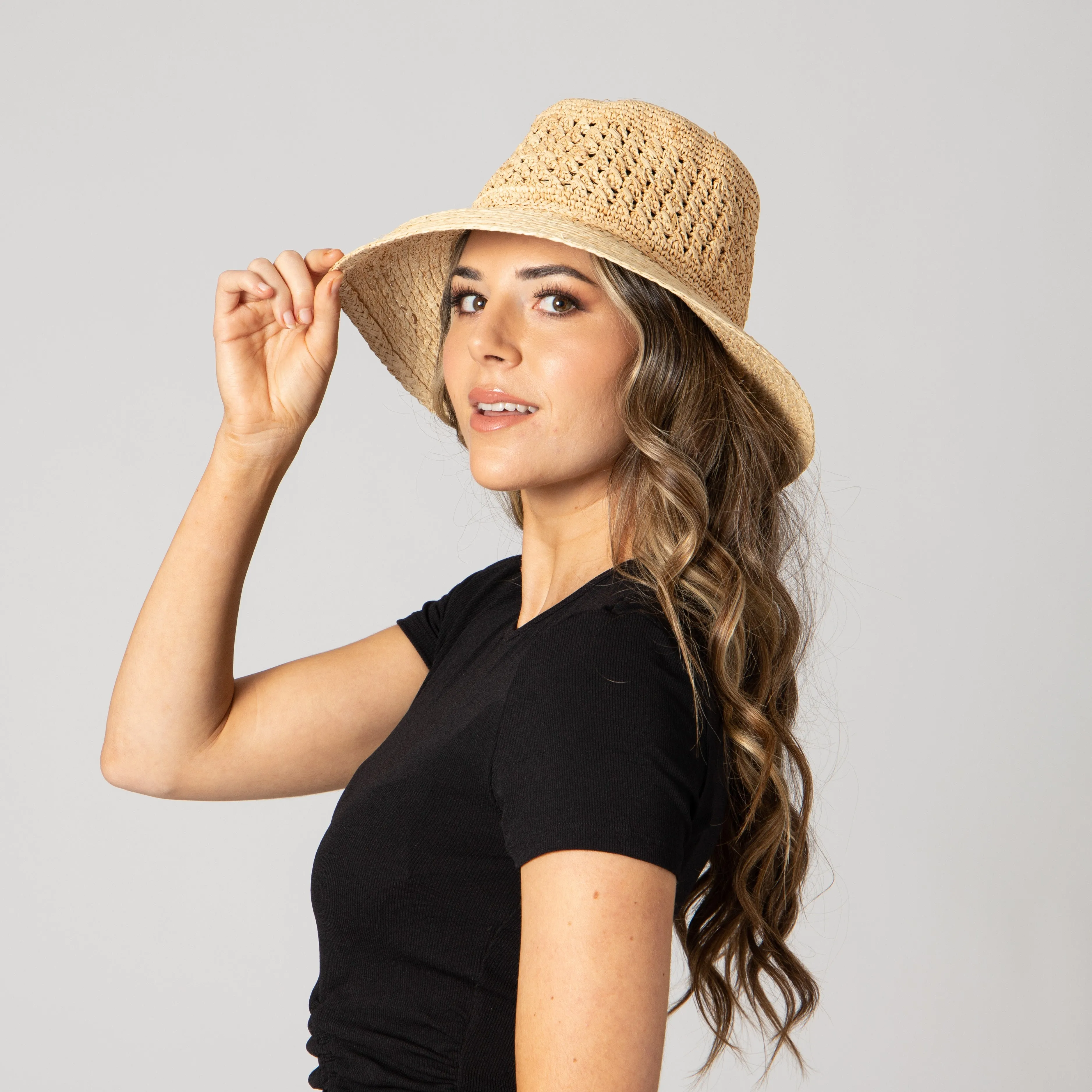 Women's Raffia Sun Hat with Hand Crochet Ventilated Crown