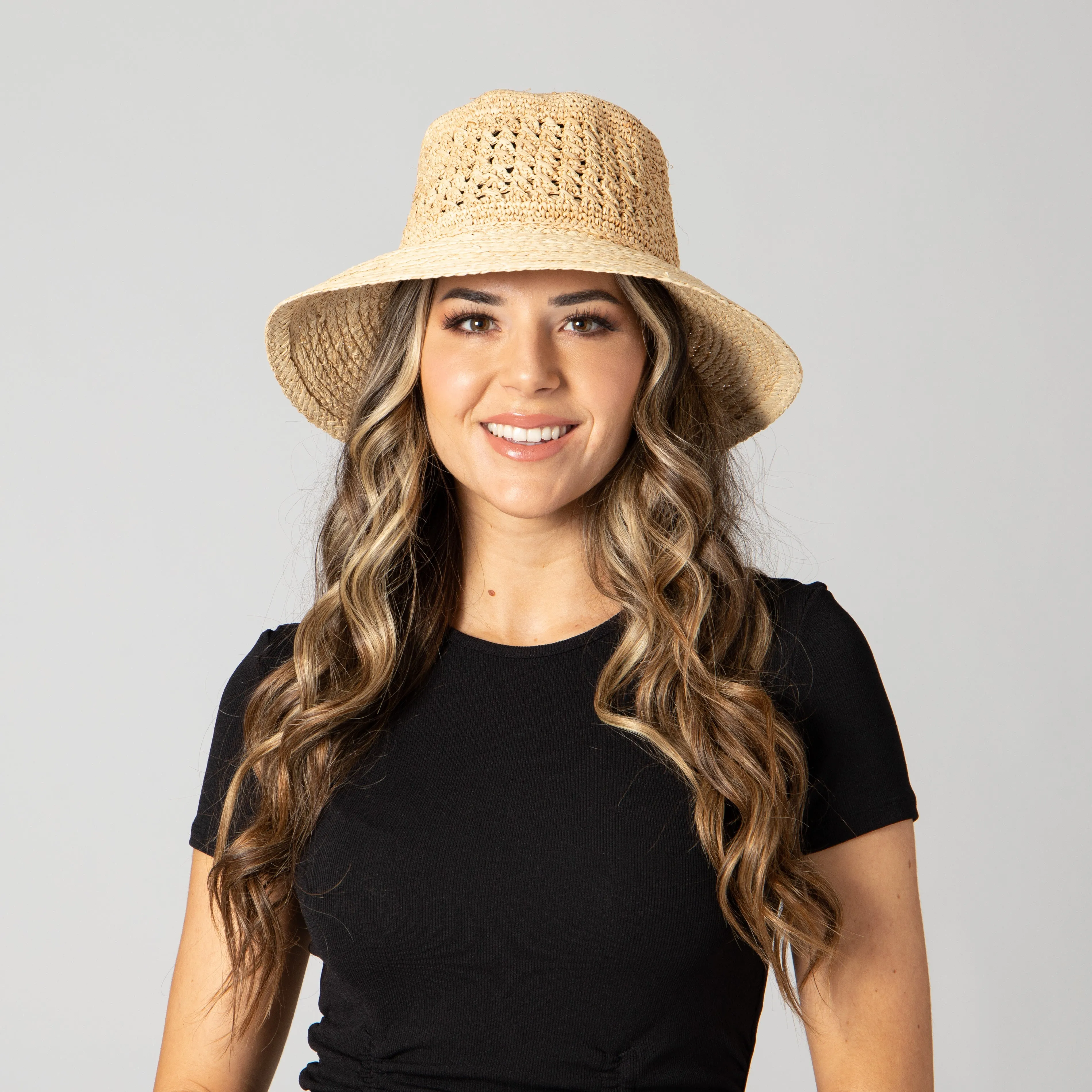 Women's Raffia Sun Hat with Hand Crochet Ventilated Crown