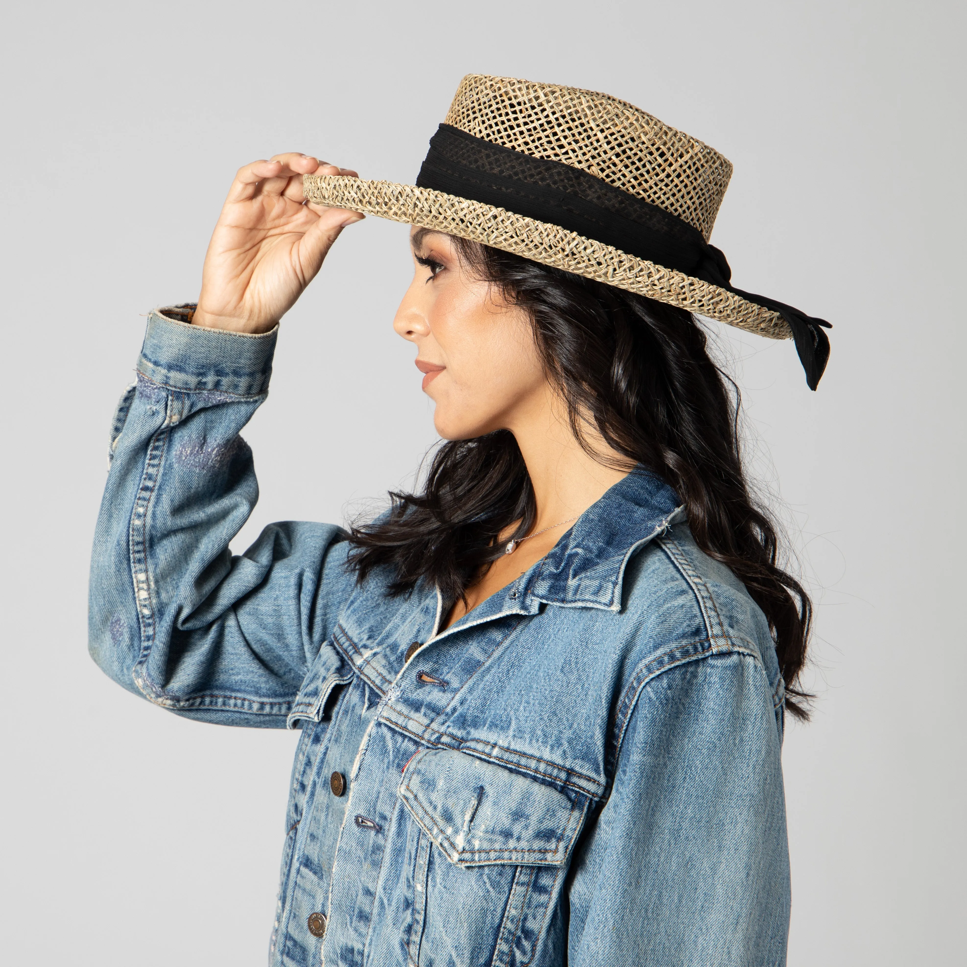 Womens Seagrass Gambler With Chiffon Band
