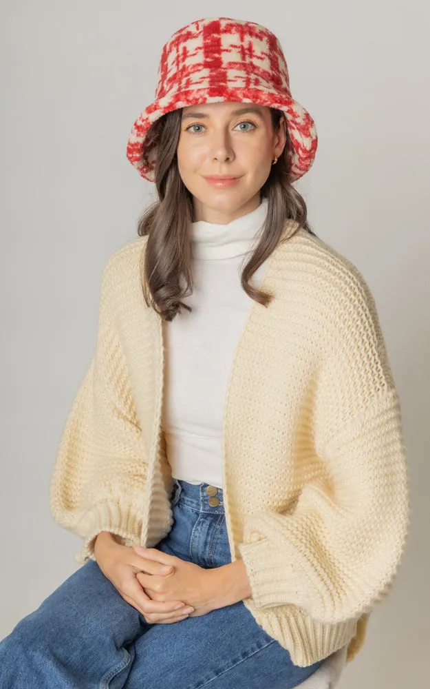 YHU220032 Plaid Sherpa Soft Faux Fur Bucket Hat